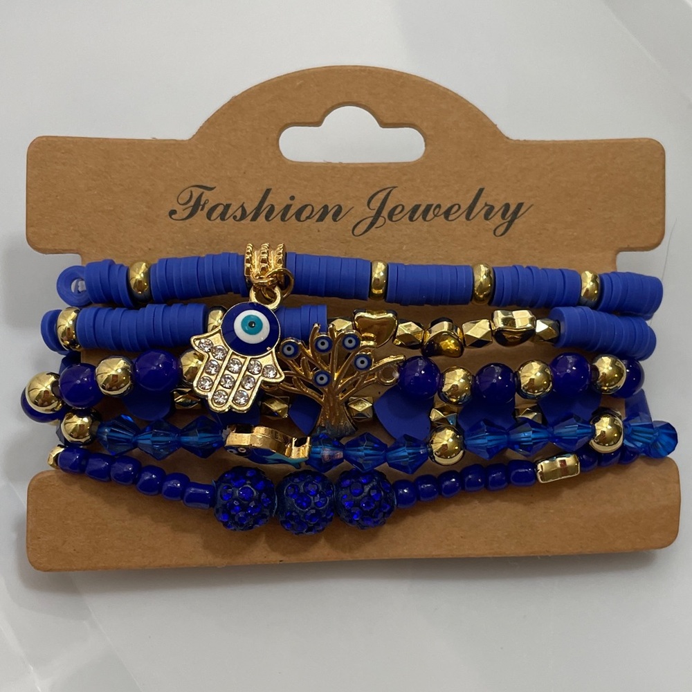 Evil Eye protection amulet Royal Blue & Gold Beaded Bracelets Set 6 pc pack NEW